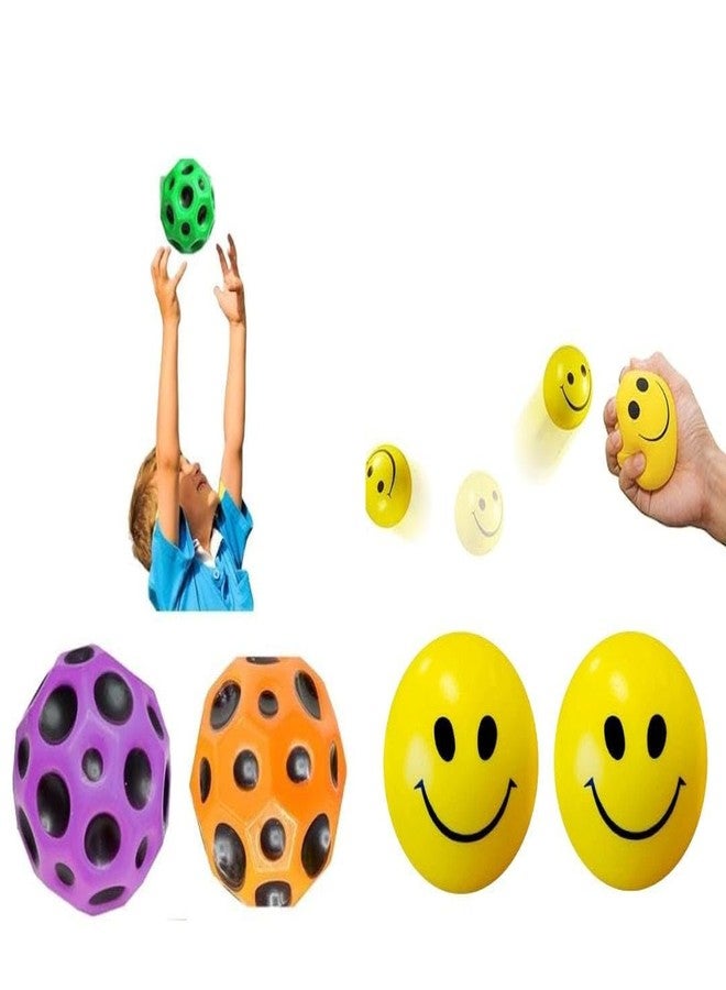 Sellon1 2 Pcs Moon high boyncy Ball + 2 pcs Smiley Ball 2 in 1 Combo for Kids - Soft Smiley and high Bouncy Play Toy Ideal Gift for boy and Girls - Image 1
